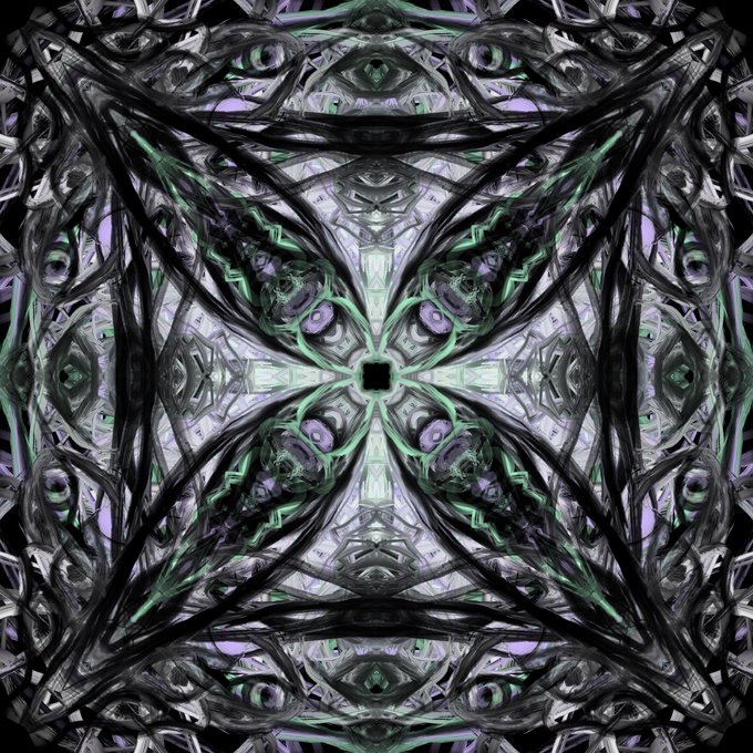 A complex, symmetrical kaleidoscopic digital artwork featuring intricate black, green, and purple patterns arranged in a mandala-like design.