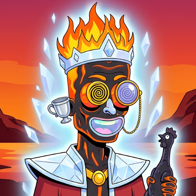 A vibrant cartoon illustration of a figure with a flame-topped head, wearing a crystal crown, a monocle with a hypnotic spiral, and crystal shoulder armor, holding a goblet in one hand and a black chicken in the other.