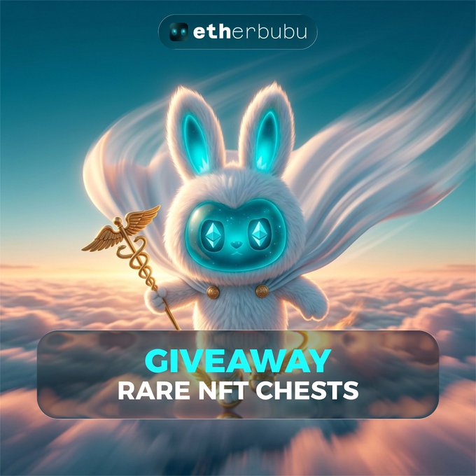 A fluffy white rabbit-like character with glowing blue digital eyes floats among clouds holding a caduceus staff, with text reading "etherbubu" and "GIVEAWAY RARE NFT CHESTS" overlaid. The ethereal, angelic aesthetic of the character visually reinforces the post's announcement about a giveaway of rare NFT chests to be distributed to winners.
