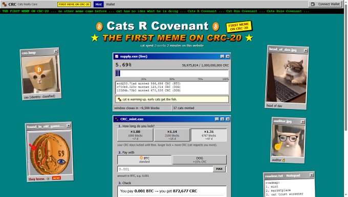 A screenshot of a webpage titled 'Cats R Covenant - THE FIRST MEME ON CRC-20', displaying a cryptocurrency-style interface for cat images with 'supply cap (low): 5.69%'.