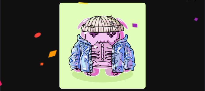 The image features a cartoon character wearing a blue jacket, hat, and gloves with pink bones protruding from its head. The character appears to be standing against a black background, which contrasts with the colorful elements of the image. The caption above the image reads "the best time to preach @usetria and @xoobnetwork was yesterday the second best time is now preach.. preach... good morning frens!".