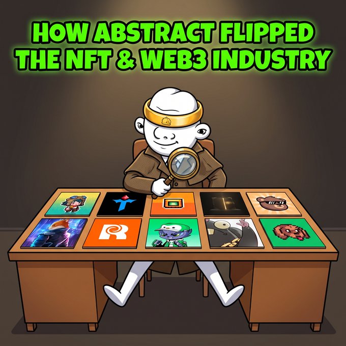 An illustrated graphic titled 'HOW ABSTRACT FLIPPED THE NFT & WEB3 INDUSTRY' shows a cartoon character with a monocle examining a row of NFT artworks on a desk.
