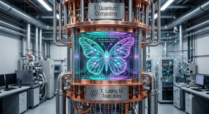 A futuristic depiction of a quantum computing device displaying a glowing, colorful butterfly hologram in a high-tech lab setting, with text including '1. Quantum Computing' and '1. Lượng tử Toàn điện'.