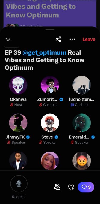 A Twitter/X Space interface displays 'EP 19 @get_optimum Real Vibes and Getting to Know Optimum' featuring speakers Okenwa (Host), Zumori, Iucho, JimmyFX, Steve, and Emerald.