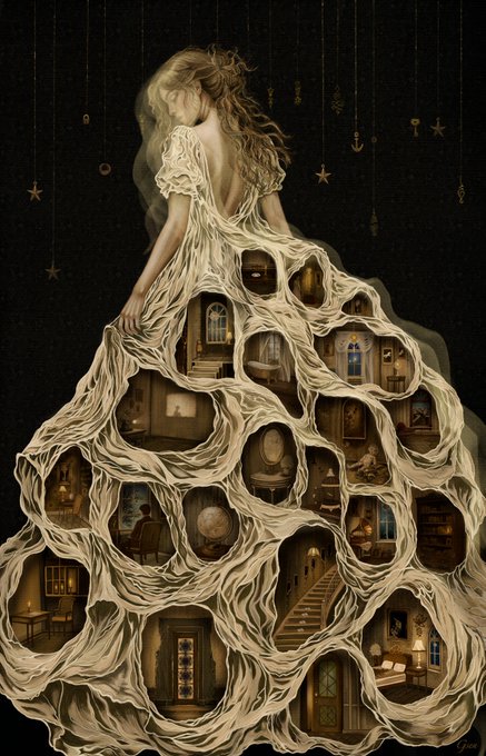 An intricate, surreal digital artwork shows a woman with blonde hair whose flowing dress transforms into a multi-story architectural structure filled with various rooms and staircases.