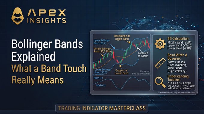 A promotional graphic from APEX Insights titled "Bollinger Bands Explained: What a Band Touch Really Means" featuring a candlestick chart that illustrates Upper Bollinger Band (20,2), Middle Bollinger Band (20,2 SMA), and Lower Bollinger Band (20,2) resistance and support levels, alongside explanatory details on the BB calculation formula, band width/squeeze concepts, and touching significance. The image visually supports the post's message by highlighting how band touches occur more frequently than traders realize, reinforcing the need to understand the underlying statistics of the 20-period, 2-standard-deviation Bollinger Band setup.