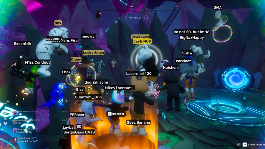 Crowded virtual scene in a game showing multiple players with usernames including Lasermerl420, SSDW, and carvloot gathered in a 'Worldstone' area.