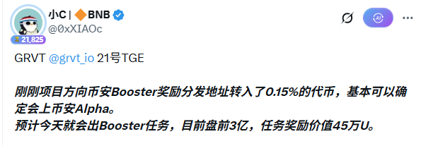 A tweet from 小C (@0xXIA0c) with a BNB ticker badge, mentioning GRVT @grvt_io 21号TGE, with Chinese text discussing project direction, Booster reward distribution, and Alpha listing.