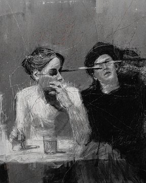 A moody, grayscale painting of two figures seated at a table, with one person holding a long cigarette while the other looks on.