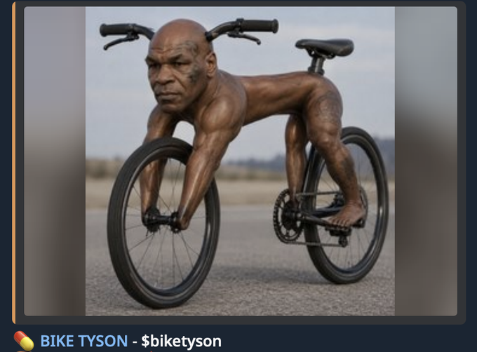 An AI-generated image of a muscular Mike Tyson riding a strange bicycle-like contraption, labeled 'BIKE TYSON - $biketyson'.