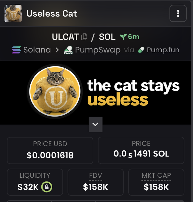 A cryptocurrency tracking screenshot displays the "Useless Cat" token ($ULCAT) on the Solana network via PumpSwap through Pump.fun, showing a price of $0.0001618 USD (0.0001491 SOL), with $32K liquidity, $158K FDV, and $158K market cap. The image complements the accompanying promotional post calling $ULCAT the "1st Call" with claimed "100x" potential, positioned as a meme coin riding alongside trending tokens $ZCAT and $USELESS, with the post soliciting wallet shares, retweets, and likes for a free airdrop.