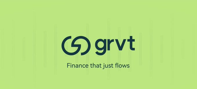A minimalist green screen displaying the 'grvt' logo and the tagline 'Finance that just flows'.