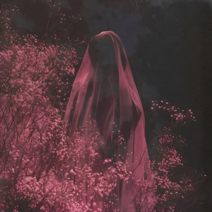 A dark, ethereal painting shows a translucent pink veil draped over an indistinct figure surrounded by delicate pink flowers against a shadowy black background.