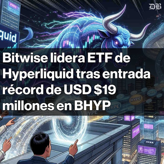 The image depicts a man wearing a suit looking out over a cityscape with a city skyline visible below him, which features an illustration of a bull and a spiral-shaped object that appears to be a spaceship or a globe, giving the impression that they are in outer space. The text on the image reads "RécordHistórico para el ETF BHYP de Bitwise El ETF BHYP captó USD $19,05 millones en un solo día. Durante su debido, absorbió el 1,04% de la capitalización del HYPE en solo 10 días de negociación. Con un". This text is related to the image as it provides information about the ETF BHYP and its performance over a certain period of time.