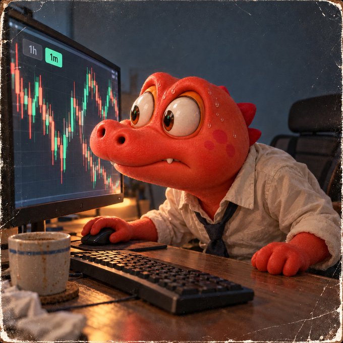 A red cartoon dinosaur wearing a white shirt and black tie sits anxiously at a computer, staring at a candlestick chart showing red and green price movements with '1h' and '1m' timeframe tabs.