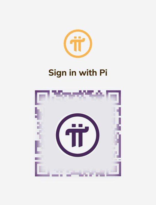 A Pi Network sign-in screen displaying the orange Pi logo with the text 'Sign in with Pi' above a purple QR code containing the Pi Network symbol.