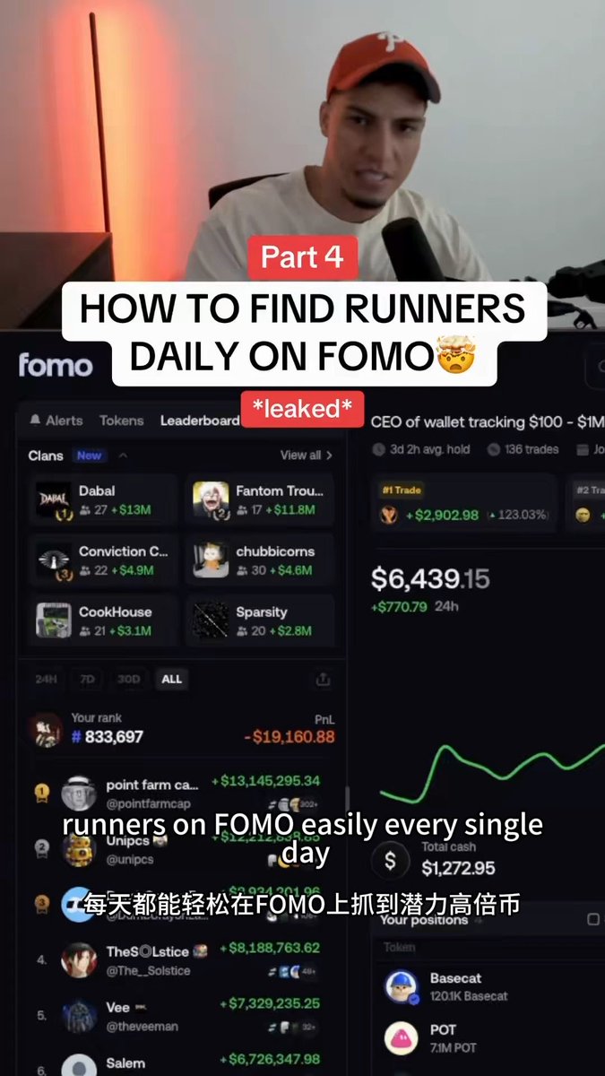 A social media post features a man in a red cap and white shirt above screenshots of the FOMO trading platform, with text 'Part 4 HOW TO FIND RUNNERS DAILY ON FOMO 👑 *leaked*' and Chinese subtitles translating the message about finding runners on FOMO daily.