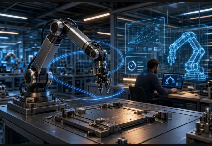 A futuristic industrial setting featuring a robotic arm alongside holographic data displays, with a person working at a computer in the background.