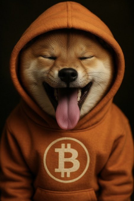 A photorealistic image of a smiling Shiba Inu dog wearing a brown hoodie with the Bitcoin '₿' logo printed on the front.