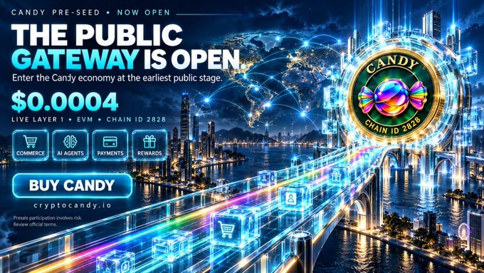 A promotional banner for a cryptocurrency presale titled 'THE PUBLIC GATEWAY IS OPEN' for 'CANDY CHAIN ID 2028' priced at $0.0004, featuring a futuristic cityscape with neon lights.