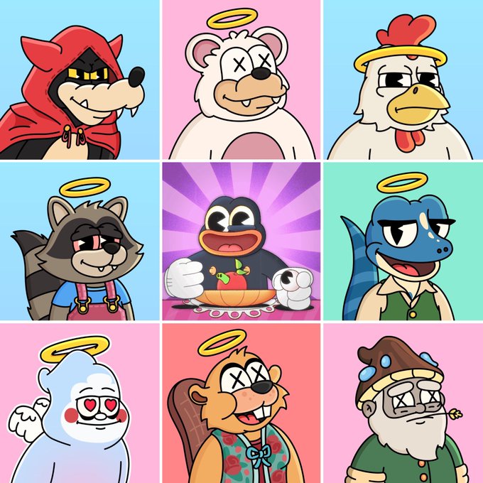 A 3x3 grid of cartoon animal characters with various designs, including a wolf in a red hood, a teddy bear with an angel halo, a chicken, a raccoon, a penguin holding fruit, a blue dinosaur, a cloud-like figure with heart eyes, a beaver in a Hawaiian shirt, and an old man, all set against pastel backgrounds.