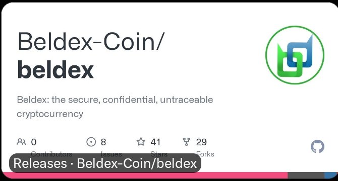 A GitHub repository page for "Beldex-Coin/beldex" describes it as "the secure, confidential, untraceable cryptocurrency," showing 0 contributors, 8 issues, 41 stars, and 29 forks.