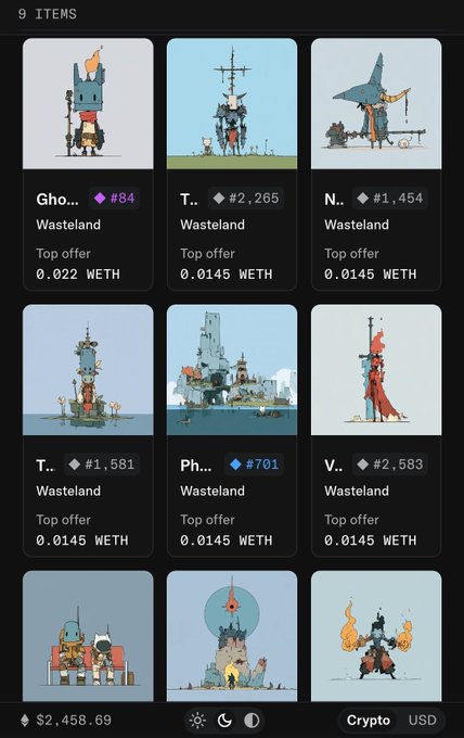 A cryptocurrency NFT marketplace interface displaying 9 'Wasteland' collection items priced in WETH (ranging from 0.0145 to 0.022 WETH), with total collection value shown as approximately $2,458.69.