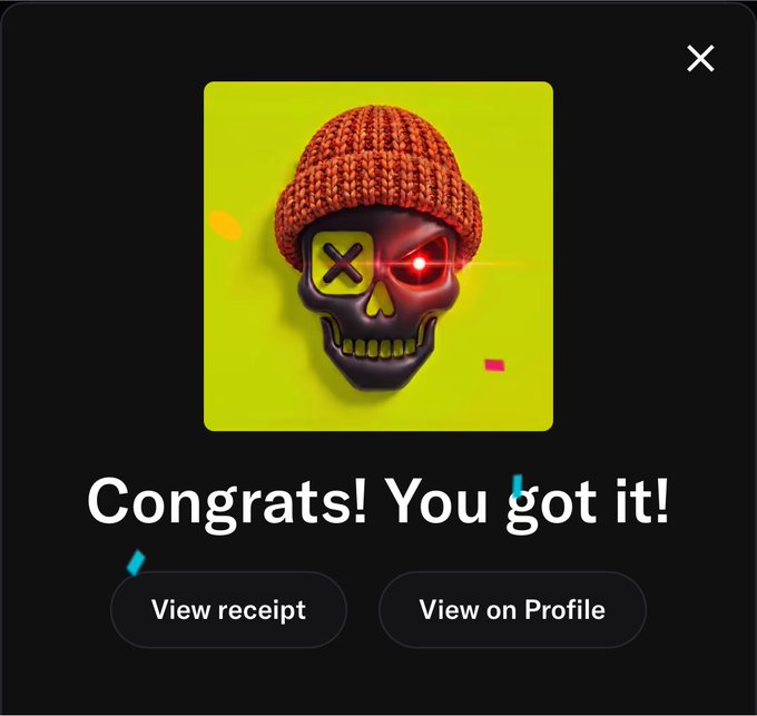 A digital reward screen displays "Congrats! You got it!" above buttons for "View receipt" and "View on Profile," featuring a stylized skull wearing a knit beanie with an X over one eye and a red glowing eye on the other.