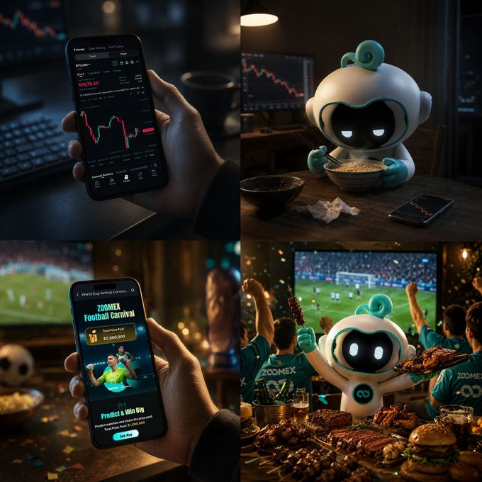 A four-panel collage shows a hand holding a smartphone displaying a red candlestick chart, a teal robot mascot eating noodles at a desk, a phone showing a "ZOOMEX Football Carnival" promo with "$2,000,001" prize pool, and the same robot celebrating at a World Cup viewing party with sports fans feasting on barbecue and burgers.

The sequence visually mirrors the post's narrative—market losses, a solo noodle dinner, then scoring big with football picks and a celebratory matchday feast, all tying back to ZOOMEX's World Cup rewards campaign at i.zoomex.com/WabH8r4.