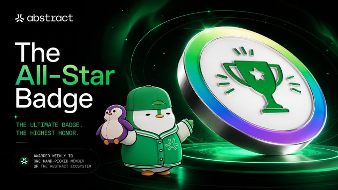 A promotional graphic for 'abstract' featuring a penguin character in a green cap and jacket next to a large 3D badge reading 'The All-Star Badge - THE ULTIMATE BADGE. THE HIGHEST HONOR. AWARDED WEEKLY.'