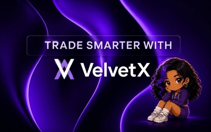 A purple-themed promotional banner reading 'TRADE SMARTER WITH VelvetX' featuring a cartoon girl in a hoodie sitting on the floor.