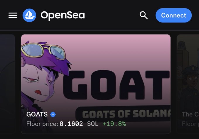 A screenshot of the OpenSea NFT marketplace displaying the "GOATS" verified collection with a purple character avatar, a floor price of 0.1602 SOL, and a +19.8% price increase.