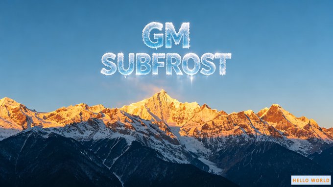 Snow-capped mountains under a blue sky with frosty text 'GM SUBFROST' and a small 'HELLO WORLD' label in the corner.