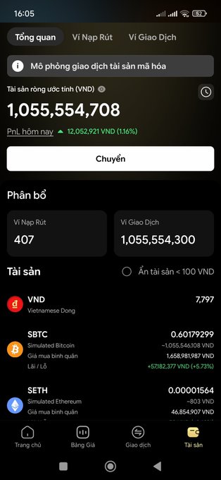 A Vietnamese cryptocurrency app interface showing a portfolio overview with total assets of 1,055,554,708 VND (up 1.16%), and holdings in VND, SBTC (Simulated Bitcoin), and SETH (Simulated Ethereum).