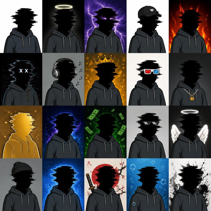 A grid of 20 stylized silhouette portraits of figures in hoodies, each with different accessories and backgrounds including halos, lightning, flames, crowns, wings, money, and glitch effects.