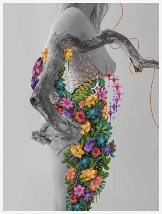 A 3D digital artwork shows a grey, tree-branch-like form intertwined with brightly colored flowers and geometric shapes emerging from a stylized human figure.
