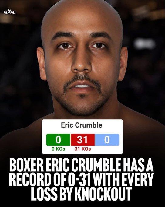 A graphic from "Boxing Ranked" features a close-up of boxer Eric Crumble alongside his record: 0-31-0 with 31 KOs, captioned "BOXER ERIC CRUMBLE HAS A RECORD OF 0-31 WITH EVERY LOSS BY KNOCKOUT." The image humorously compares this winless, repeatedly knocked-out record to the typical memecoin trader's portfolio, suggesting they face constant losses just like Crumble's 31 consecutive KO defeats.