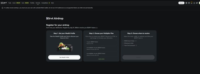 The image shows the Grvt Airdrop registration page, where users can get a wealth profile, choose a multiplier plan, and select where to receive their $GRVT tokens for the airdrop. The accompanying post confirms the airdrop is live and details current price information and unlock dates.