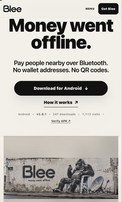 A promotional webpage for 'Blee' with the tagline 'Money went offline' and a description 'Pay people nearby over Bluetooth. No wallet addresses. No QR codes,' featuring a graffiti of a monkey looking at a phone.