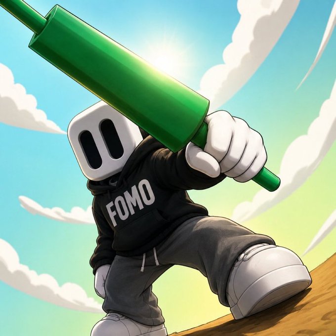 A cartoon mascot with a pill-shaped head wears a black hoodie emblazoned with "FOMO" and wields a giant green rocket while striking a powerful pose against a bright sky, visually capturing the hype of the "$fomo" token's race to 1 million.