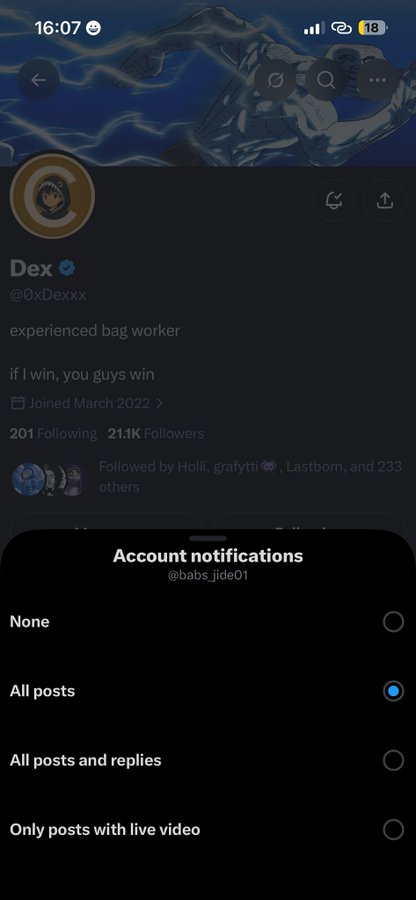 The image shows a Twitter/X profile page for user "Dex" (@0xDexxx), described as an "experienced bag worker," with 21.1K followers, alongside a notification settings menu open at the bottom with "All posts" selected for account @babs_ide01. The post congratulating a flash giveaway winner appears to relate to the displayed profile of Dex, possibly indicating the user won or is hosting the giveaway.