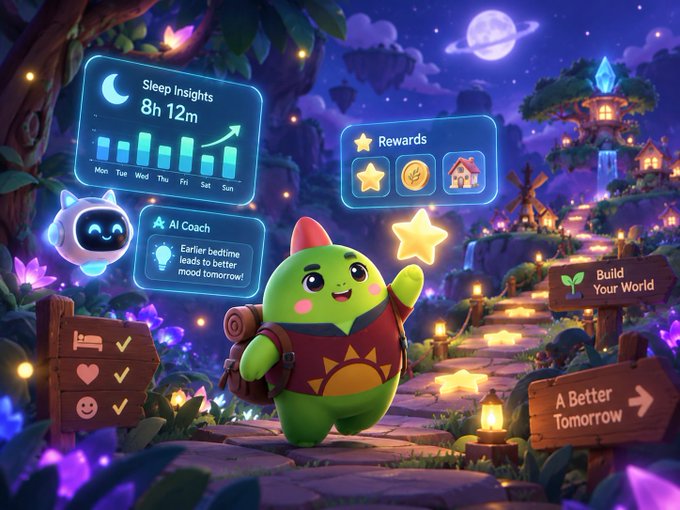 Colorful illustration of a green cartoon character in a fantasy nighttime village setting with floating UI panels showing 'Sleep Insights 8h 12m', 'Rewards', and 'AI Coach' features.