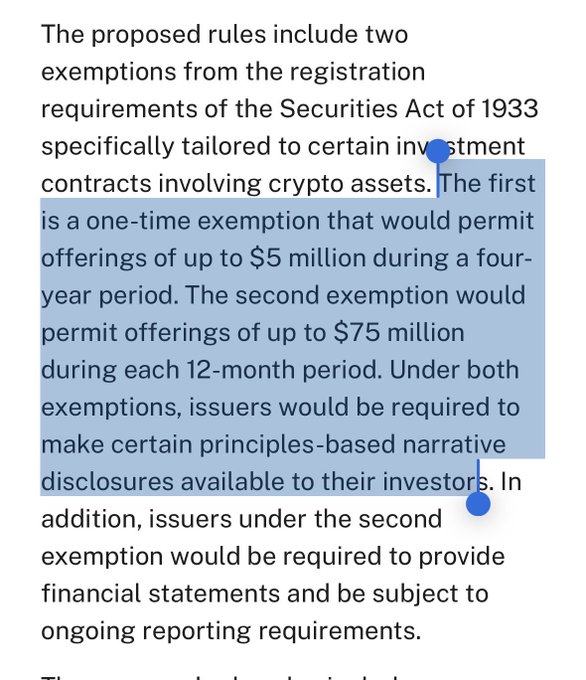 A screenshot of text highlighting proposed SEC exemptions for crypto asset investment contracts: a one-time exemption allowing up to $5 million over four years, and a second exemption permitting up to $75 million per 12-month period, both requiring narrative disclosures with additional financial/reporting requirements under the second.

The image directly supports the post by illustrating the SEC's newly proposed crypto fundraising exemptions ($5M and $75M tiers), reinforcing the relevance of $UMIA's token-native capital formation and governance platform during this regulatory development.