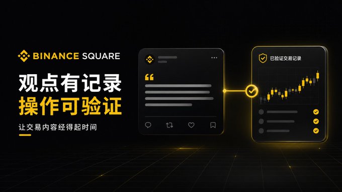 A Binance Square promotional graphic with Chinese text '观点有记录 操作可验证' (Opinions recorded, operations verifiable) and '让交易内容经得起时间' (Make trading content stand the test of time).