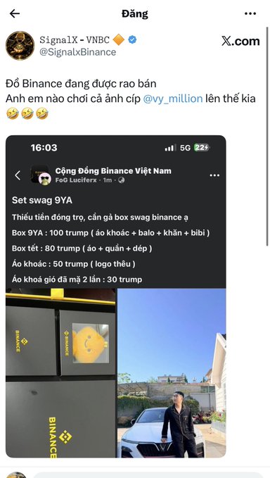 Screenshot of a Vietnamese-language post from X.com account @SignalX_Binance discussing Binance being advertised for sale, with a nested screenshot from 'Cộng Đồng Binance Việt Nam' showing a 'Set swag 9YA' promo listing box and clothing items.