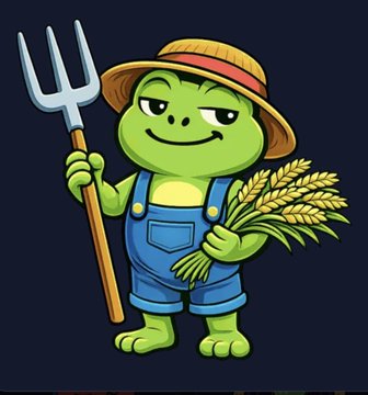 A cartoon illustration of a green frog character dressed as a farmer, wearing blue overalls and a straw hat, holding a pitchfork and a bundle of wheat.