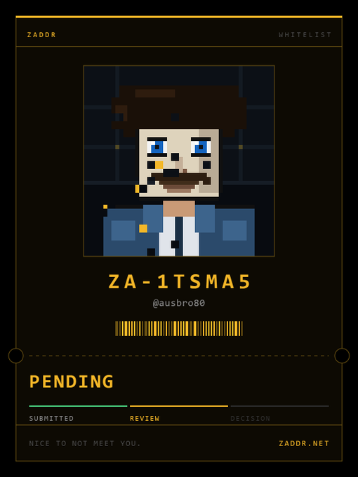 A digital pixel-art ID card from 'ZADOR' showing the username 'ZA-1TSMA5' (@ausbro80) with a pending review status.