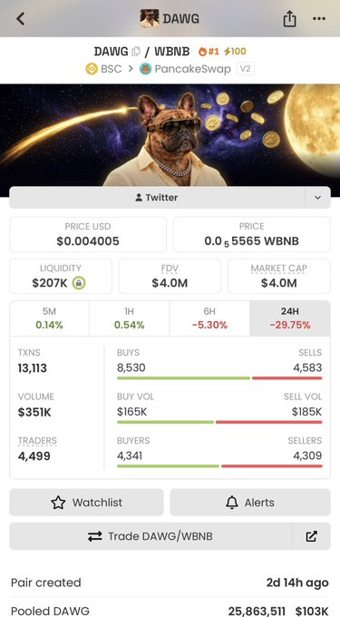A cryptocurrency trading app screenshot showing the 'DAWG/WBNB' token pair on PancakeSwap with a price of $0.004005 and market cap of $4.0M, showing significant price drops.