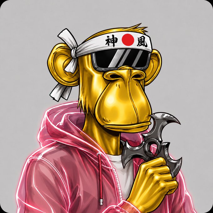 A golden monkey in a pink hoodie, sunglasses, and a headband emblazoned with the Japanese characters “神風” (Shinpu) holds a metallic shuriken, exuding street‑wise swagger that matches the crypto‑market vibe.