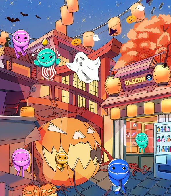 A vibrant Halloween-themed illustration features colorful cartoon characters, ghosts, bats, and lanterns decorating a Japanese-style town with a giant jack-o'-lantern in the center.